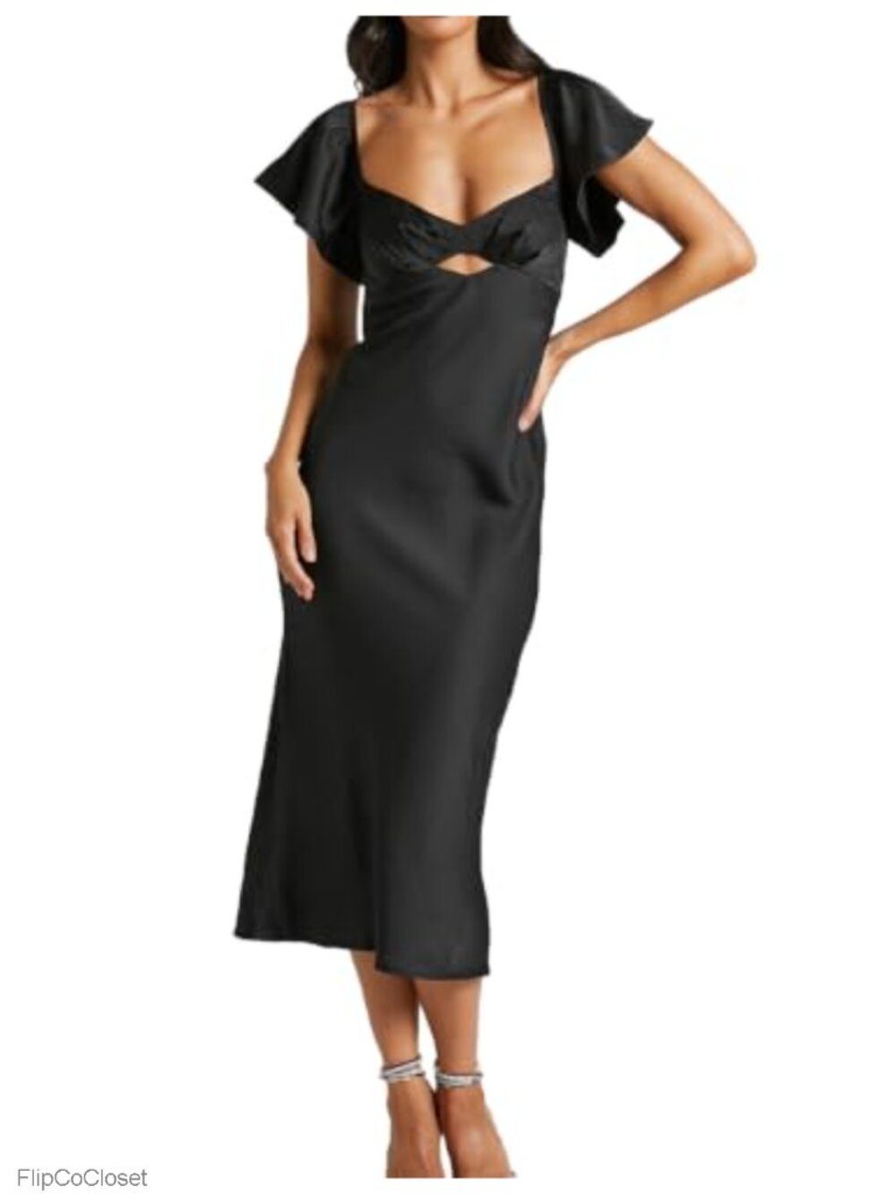 Women's Satin Midi Dress Flutter Sleeve Sweetheart Neckline Tie Back